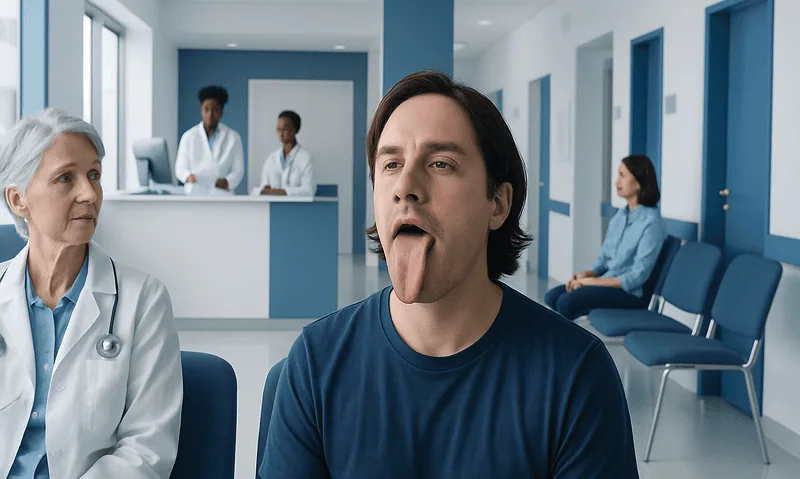 Patient with long tongue during medical consultation at Acibadem Hospital.