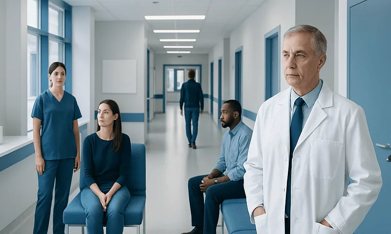 Medical consultation in hospital corridor with doctor and patients.