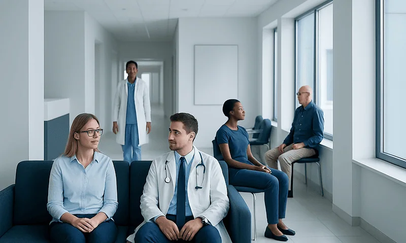 Patients waiting in a hospital corridor with medical staff present.