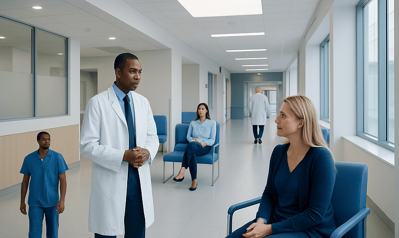 Mda Drug: A Complete Medical Overview 6 Doctor consulting a patient in a modern hospital corridor with staff and patients.