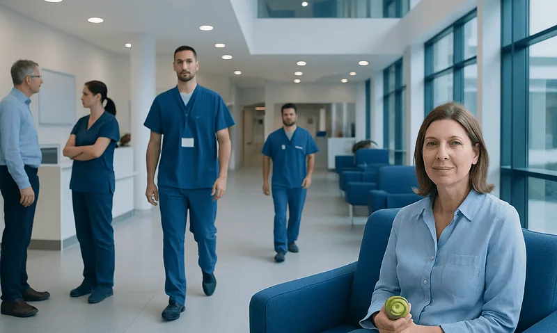 Healthcare professionals and a patient in a modern hospital corridor.