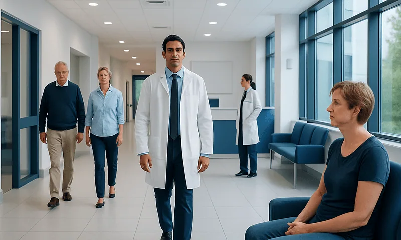Medical team and patient in hospital corridor at Acibadem Hospitals Group.