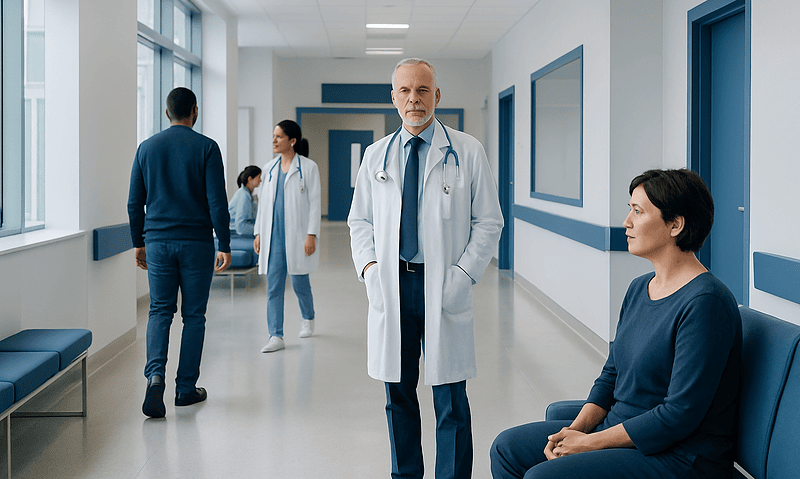 Medical professionals and patients in a hospital corridor at Acibadem Hospitals Group.