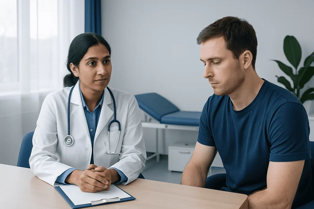 Doctor discussing male birth control options with patient in clinic.