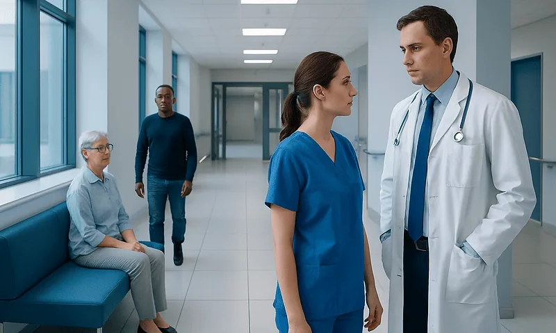 Medical professionals discussing patient care in hospital corridor.