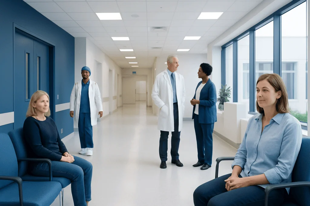 Ombrophobes — Explained by Medical Evidence, Not Myths 1 Hospital corridor with patients and medical staff engaging in conversation.