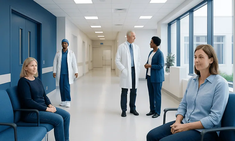 Ombrophobes — Explained by Medical Evidence, Not Myths 16 Hospital corridor with patients and medical staff engaging in conversation.