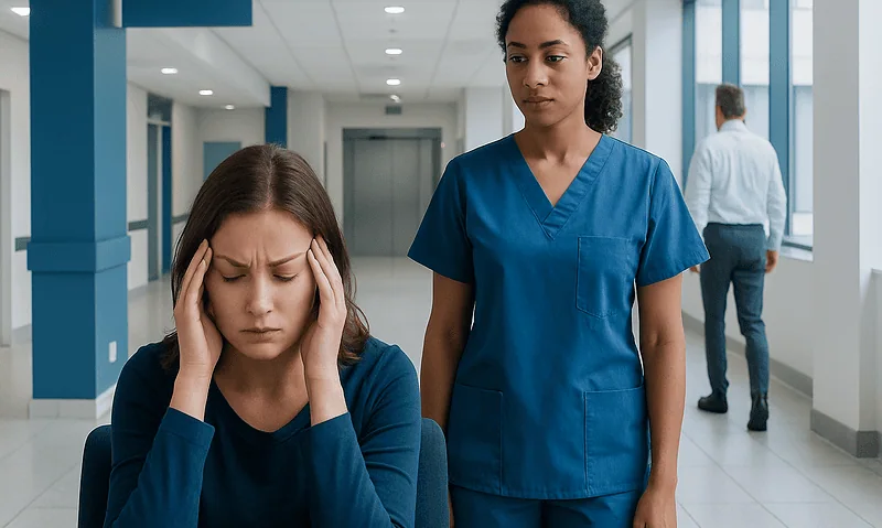 Patient experiencing headache in hospital corridor with nurse nearby.