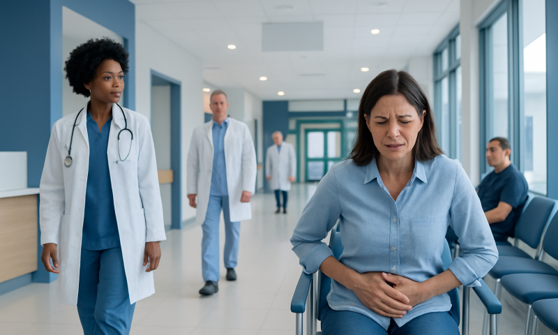 Woman experiencing stomach pain in a hospital waiting area.