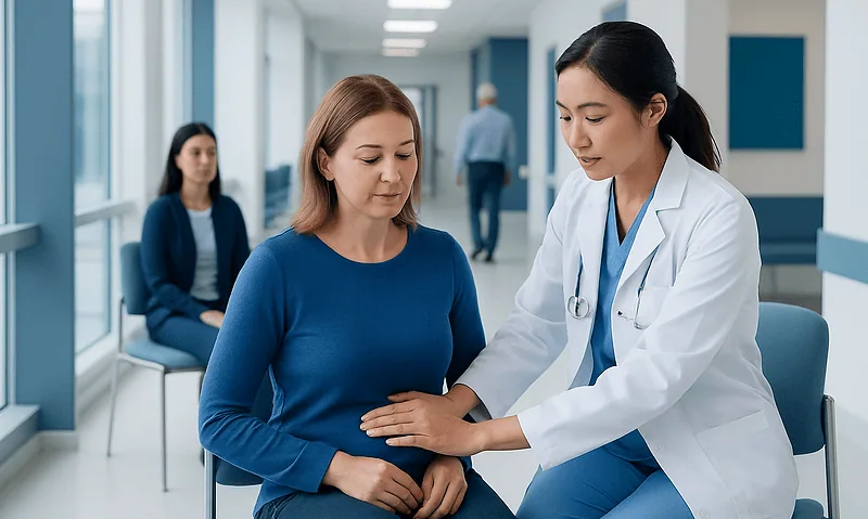Doctor performing palpation on a patient's abdomen in a hospital corridor.