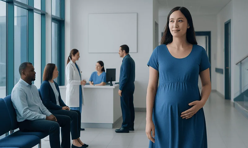 Pregnant woman at hospital waiting area with medical staff and visitors.