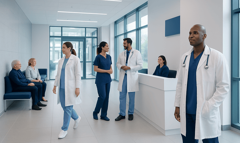 Medical team and patients in a modern hospital corridor.
