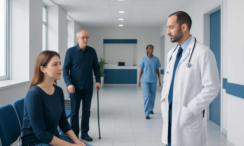 Doctor consulting with a patient in a hospital corridor with staff in the background.
