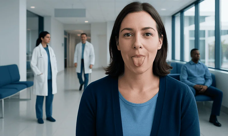 Young woman sticking out her tongue in a hospital corridor with medical staff in the background.