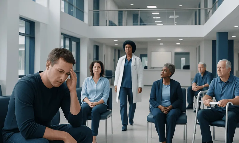 Patient in a hospital waiting room with medical staff and other patients.