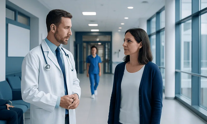 Doctor and patient having a discussion in hospital corridor.