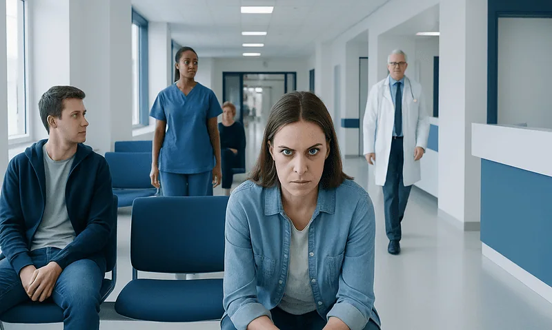 Psycho Eyes: An Evidence-Based Guide for Patients 5 Patients waiting in a hospital corridor with a healthcare professional approaching.