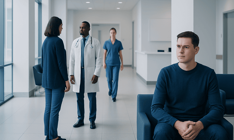 Patient waiting in hospital corridor with medical staff nearby.
