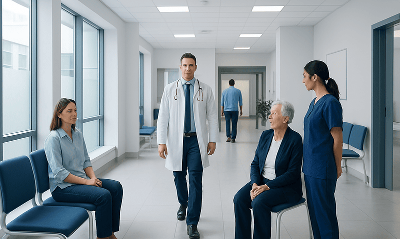 Medical team consulting with elderly patient in hospital corridor.