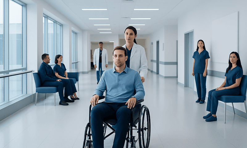 Patient in wheelchair with medical staff in hospital corridor.