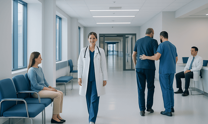Healthcare professionals and patient in a modern hospital corridor.