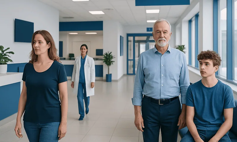 Patients and doctor in a modern hospital corridor at Acibadem Hospitals Group.