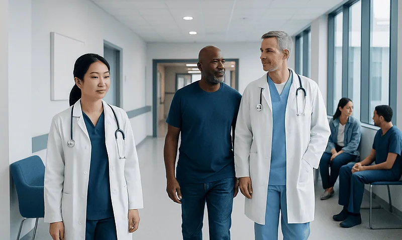 Medical team discussing patient care in hospital corridor.