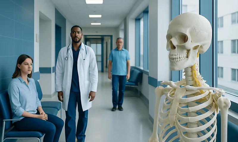 Medical professionals in hospital corridor with skull model for neurological study.