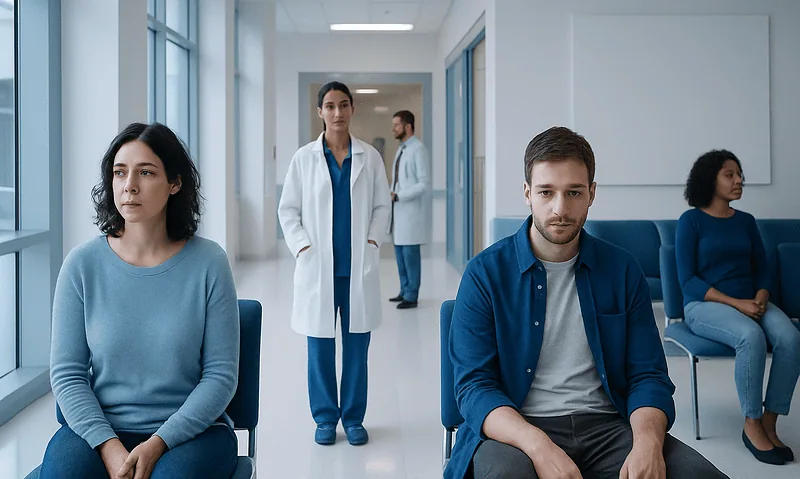 Patients waiting in a hospital corridor with medical staff present.