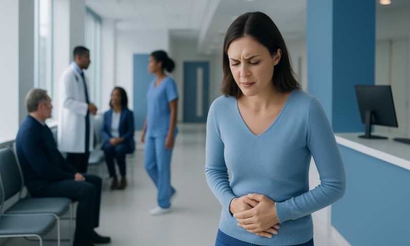 Woman experiencing stomach pain in a hospital waiting area.