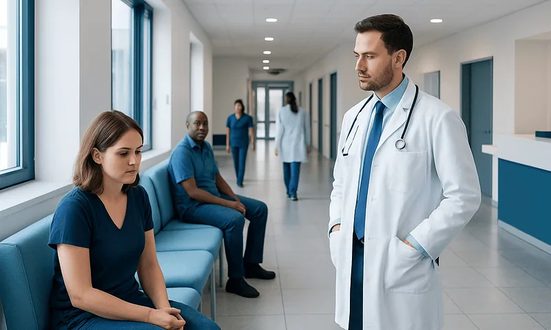 Doctor consulting female patient in hospital corridor with other patients nearby.