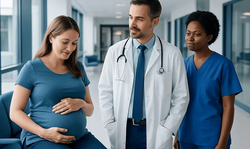 Pregnant woman with doctor and nurse in hospital corridor.