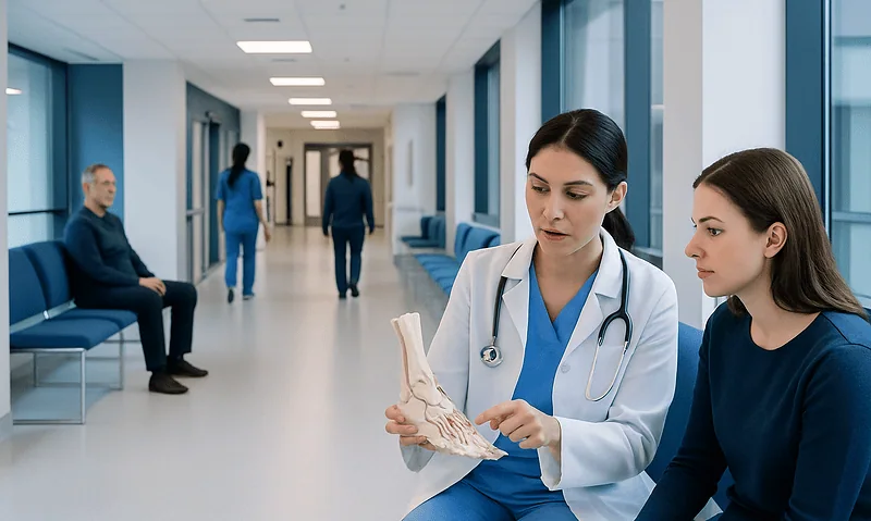 Doctor explaining ankle anatomy to a patient in a hospital corridor.