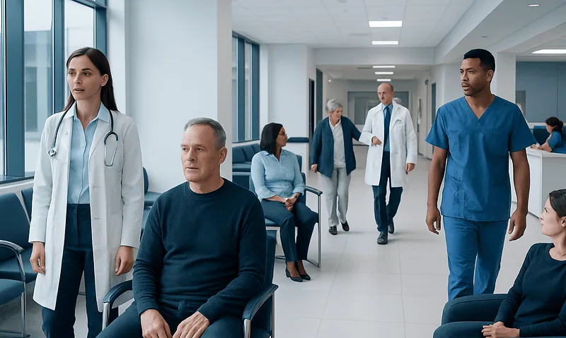 Medical team and patients in a hospital waiting area.