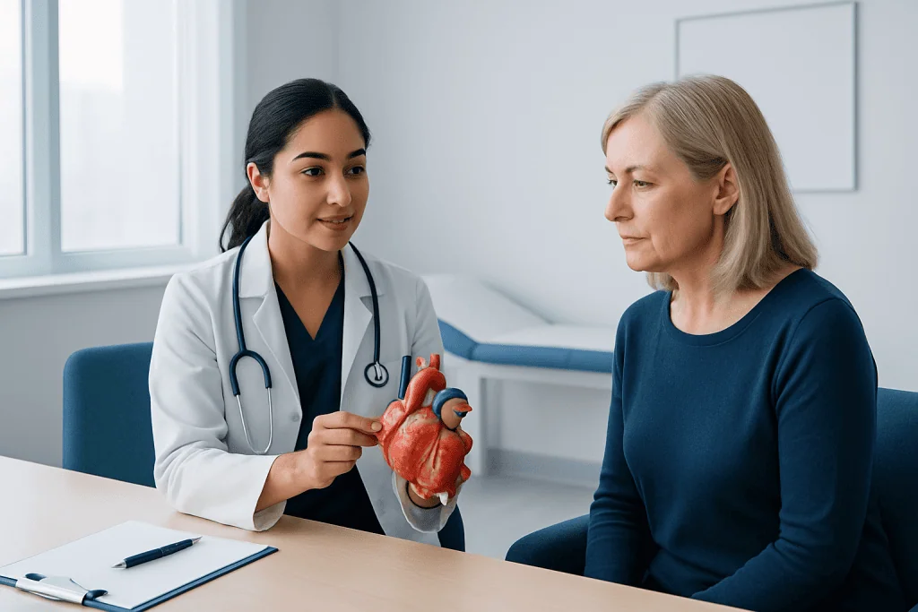 Cardiologist explaining heart anatomy to a patient in a medical consultation.