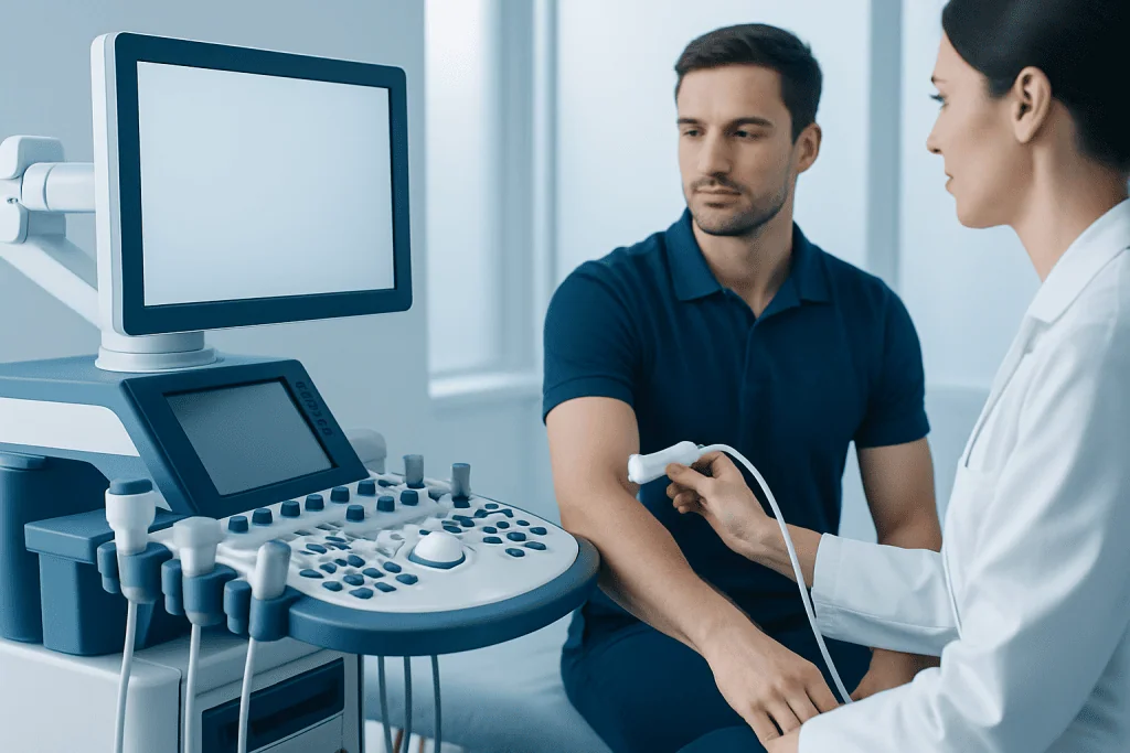Medical professional performing ultrasound examination on patient at Acibadem Hospital.