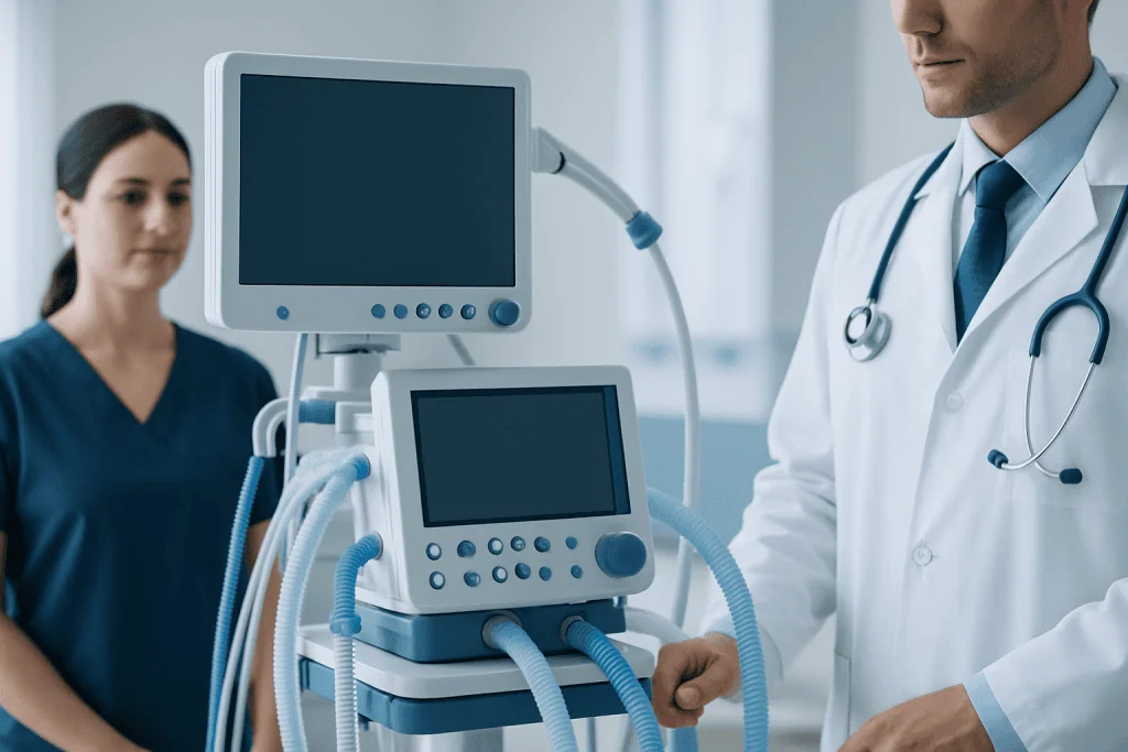 Medical professionals with ventilator equipment in hospital setting.
