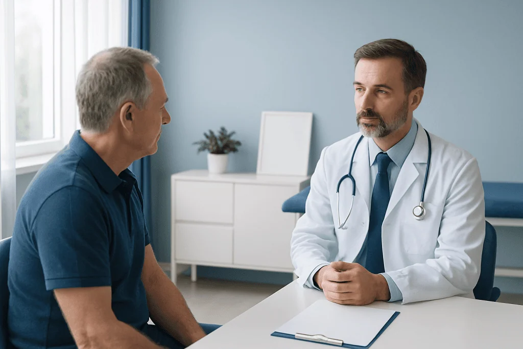 Doctor consulting with a patient in a modern medical office.
