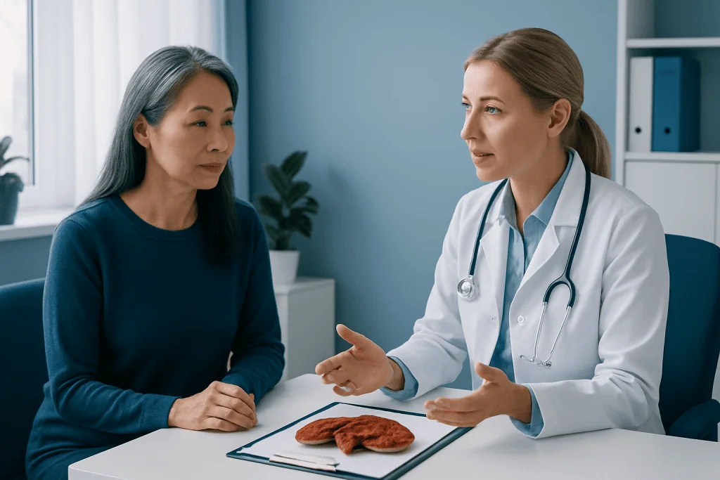Doctor explaining Reishi mushroom benefits to patient in consultation room.