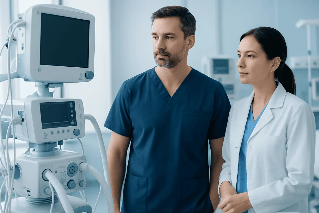 Medical professionals reviewing patient data in a hospital setting.