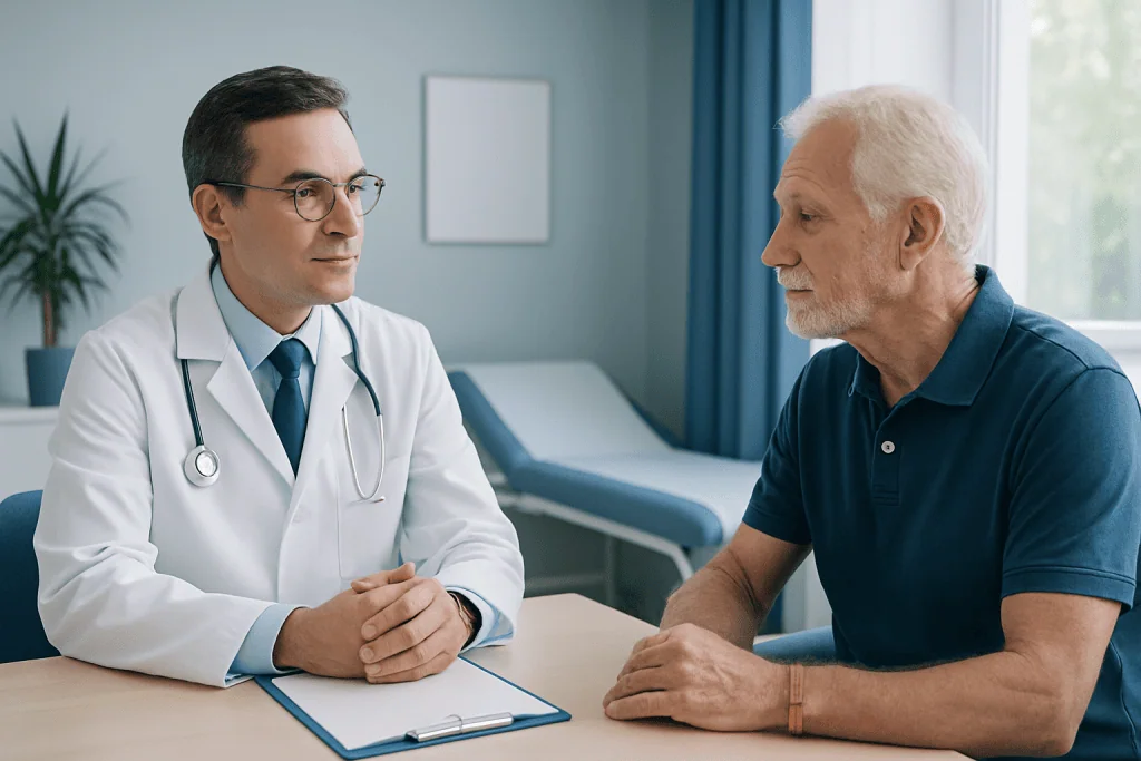 Doctor consulting with an elderly male patient in a medical office.