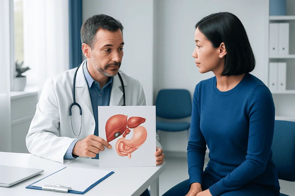 Doctor explaining gallbladder location to patient with anatomical model.