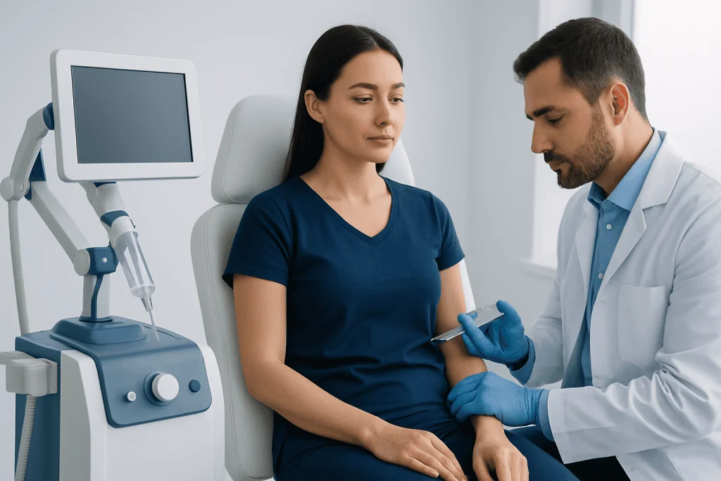 Doctor administering a shot to a woman in a medical clinic.