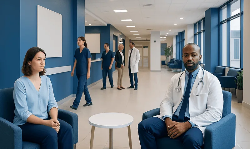Medical consultation in a modern hospital corridor with doctors and nurses.