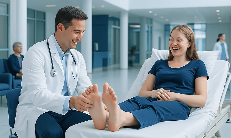 Doctor examining patient's feet in a hospital setting.