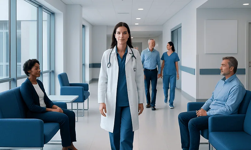 Healthcare professionals and patients in a modern hospital corridor.