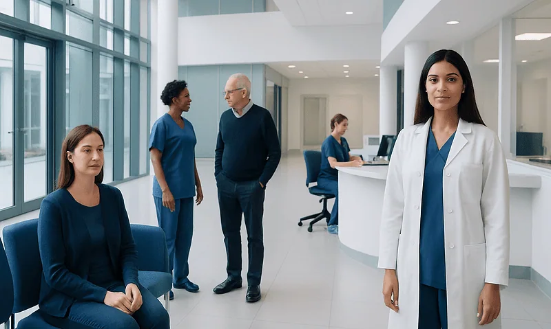 Medical professionals and patients in a modern hospital lobby.