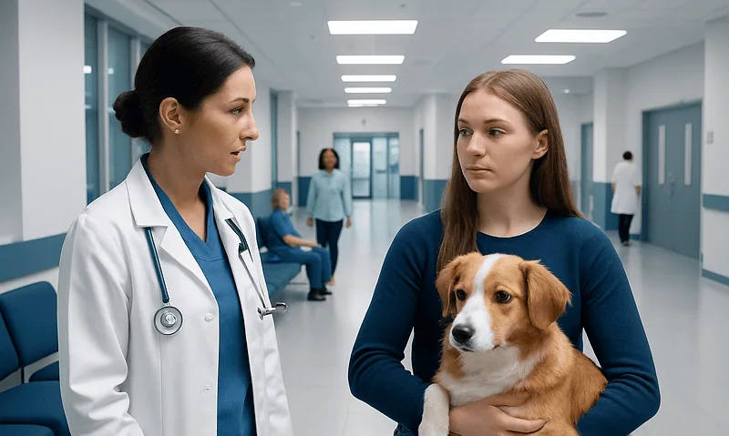 Young woman with dog consulting veterinarian in clinic corridor.