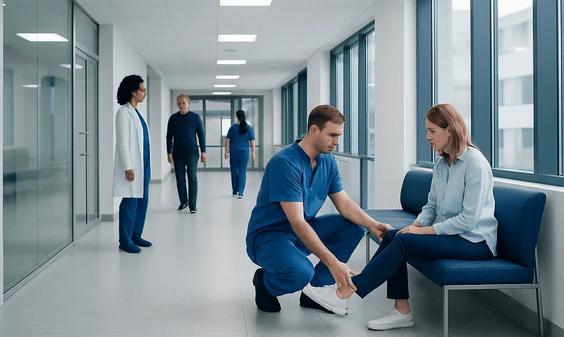 Medical professional examines patient's ankle in hospital corridor.