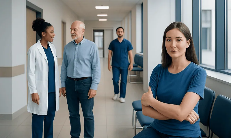 Healthcare professionals and patient in hospital corridor at Acibadem Hospitals Group.